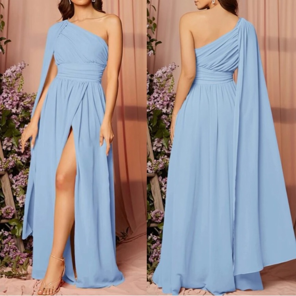 Luxe one shoulder draped detail party bridesmaids evening dress - Picture 3 of 16